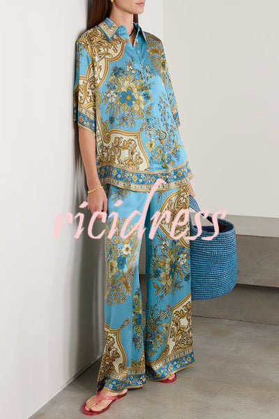 Satin Floral Print Loose Shirt and Elastic Waist Pocket Casual Wide-leg Pants
