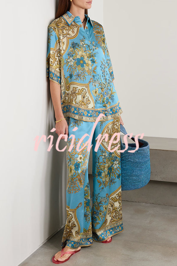 Satin Floral Print Loose Shirt and Elastic Waist Pocket Casual Wide-leg Pants