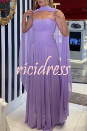 Lavender Scent Chiffon Ruched Strapless Removable Cape Maxi Dress