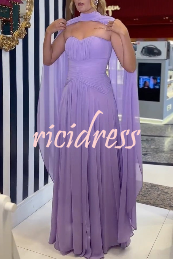 Lavender Scent Chiffon Ruched Strapless Removable Cape Maxi Dress