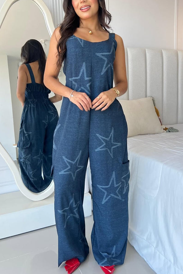 Fashion Cartoon Print Loose Round Neck Back Pleated Casual Pocket Wide Leg Jumpsuit