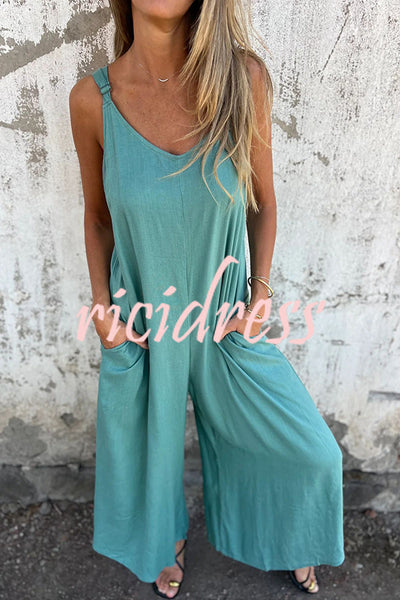 Linen Blend Solid Color Suspenders Loose Pockets Casual Wide-leg Jumpsuit