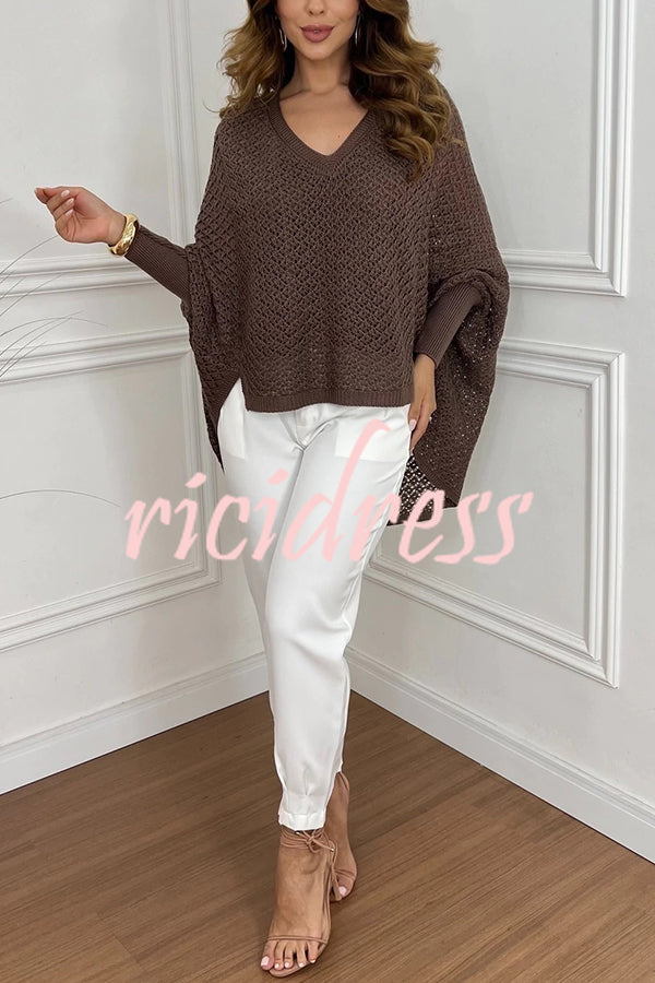 Fashion Hollow Long Sleeve Loose V-neck Knitted Sweater