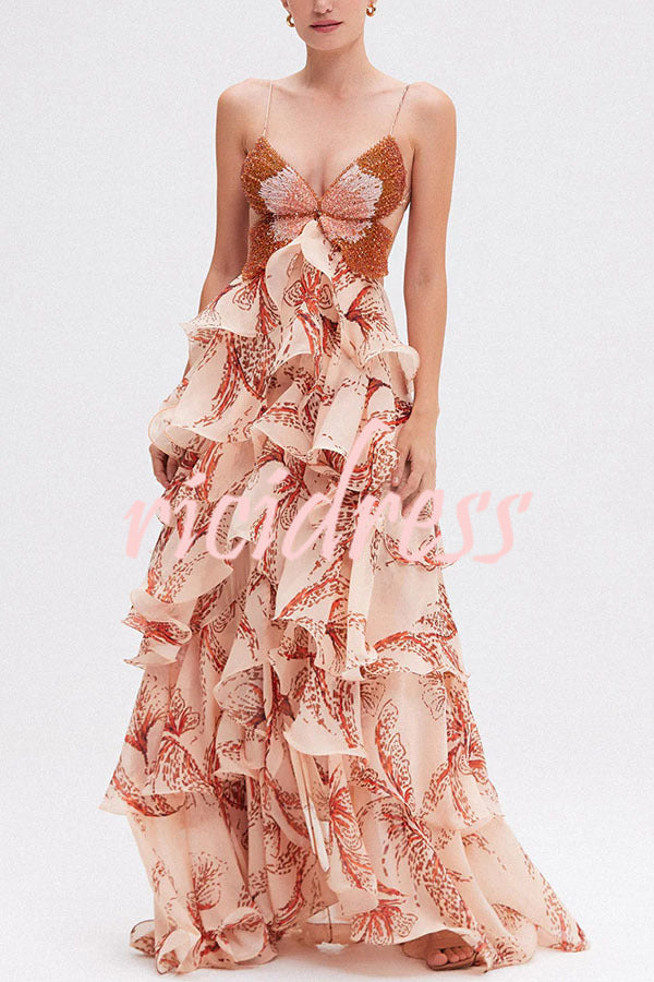 Ariae Butterfly Print Multi-layered Ruffles Backless Tie-up Maxi Dress