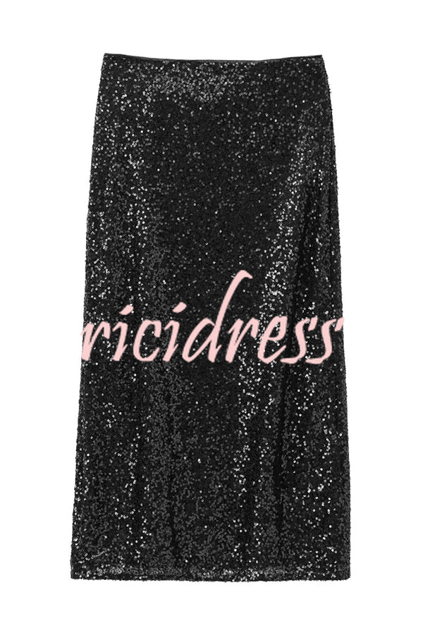 Crushing on You Sequin High Rise Wrap Tie-up Slit Midi Skirt