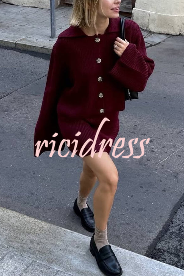 Fashion Lapel Bell Sleeve Knitted Cardigan and Casual Mini Skirt Set