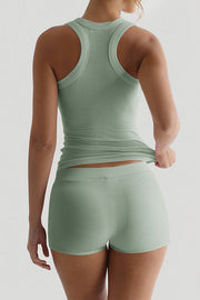 Fashionable Sports Yoga Style Sleeveless Square Neck Top and Elastic Slim Shorts Set