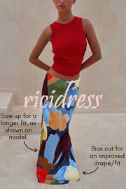 Bright and Bold Satin Abstract Color Blocks Print Elastic Waist Drape Maxi Skirt