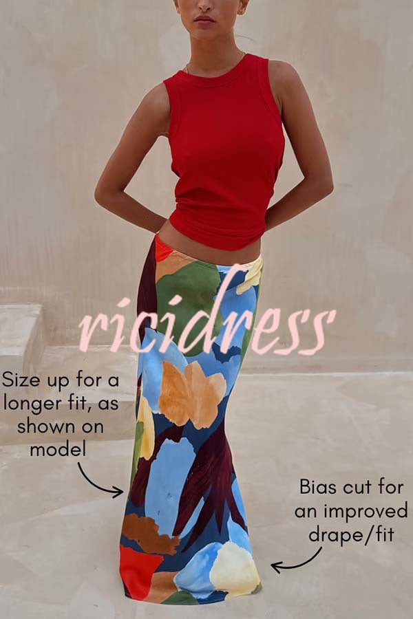 Bright and Bold Satin Abstract Color Blocks Print Elastic Waist Drape Maxi Skirt