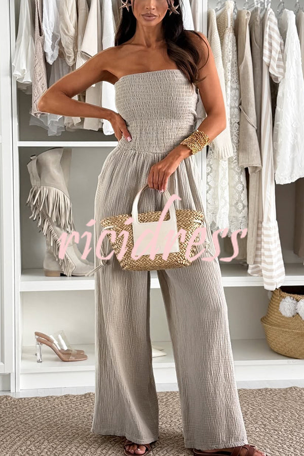 Linen Blend Solid Color Off-the-shoulder Pleated Casual Pocket Wide-leg Jumpsuit