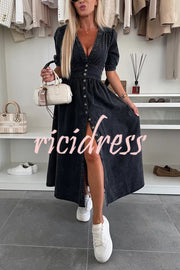 Solid Color V-neck Button-down Denim Midi Dress