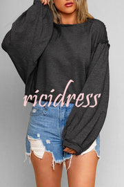 Lantern Sleeve Solid Color Round Neck Raw Edge Hoodie
