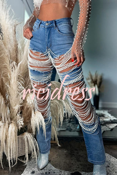 Stylish Multi-layered Pearl Chain Ripped Pocket Straight Jeans