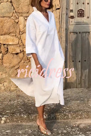 Solid Color V-neck Half-sleeve Loose Slit Midi Dress