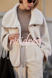 Romane Faux Fleece Fabric Contrast Trim Long Sleeve Knitted Pocket Lapel Loose Jacket