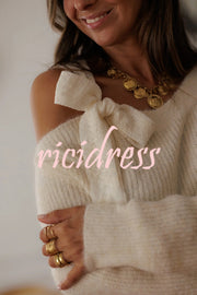 Solid Color Bow Tie Long-sleeved Casual Knit Sweater