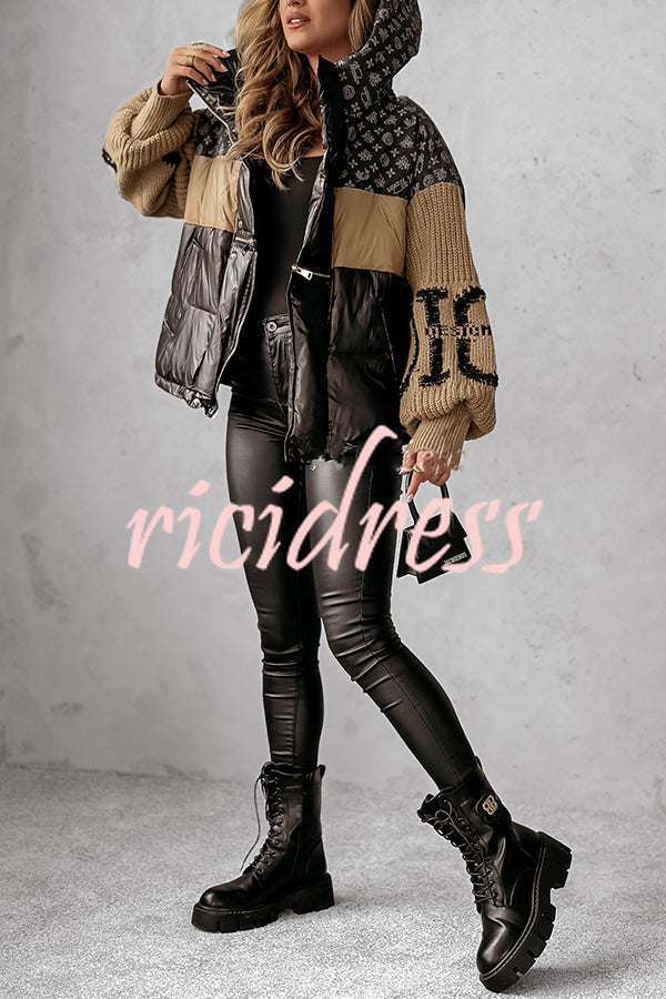 Stylish Denim Knit Long-sleeved Patchwork Hooded Pocket Thickened Jacket