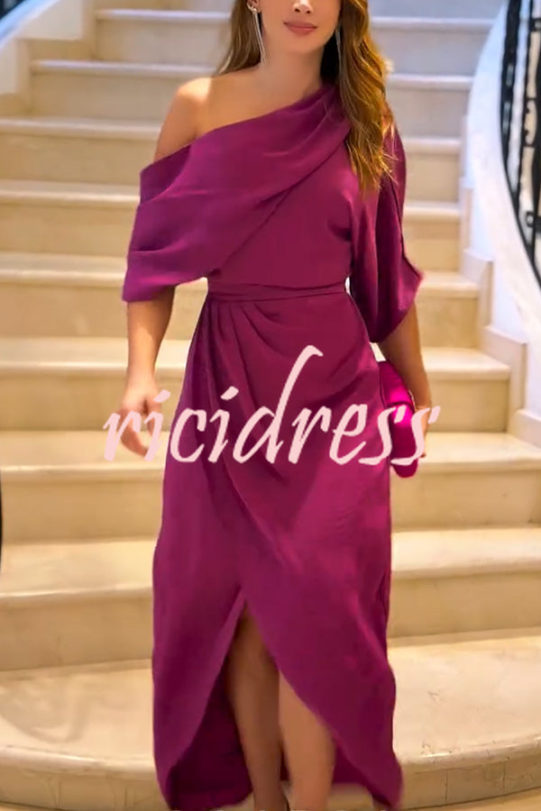 Whispered Yes Satin Irregular Lapel Neckline Design Ruched Maxi Dress