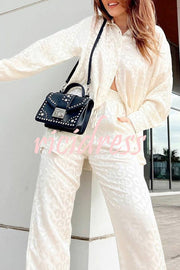 Leopard Print Jacquard Long Sleeved Shirt with Elastic Waist and Pant Two Piece Set