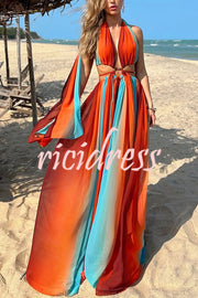 Variety of Styles Tulle Printed Ring Hollow Design Slit Vacation Maxi Dress