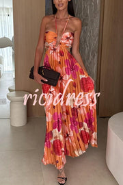 Casey Satin Floral Print Cutout Halter Back Tie-up Pleated Maxi Dress