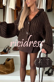 Warm Day Knit Button Up Long Balloon Sleeve Hooded Loose Cardigan