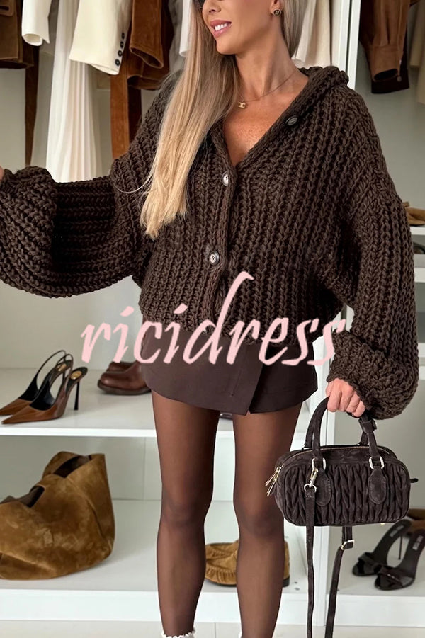 Warm Day Knit Button Up Long Balloon Sleeve Hooded Loose Cardigan