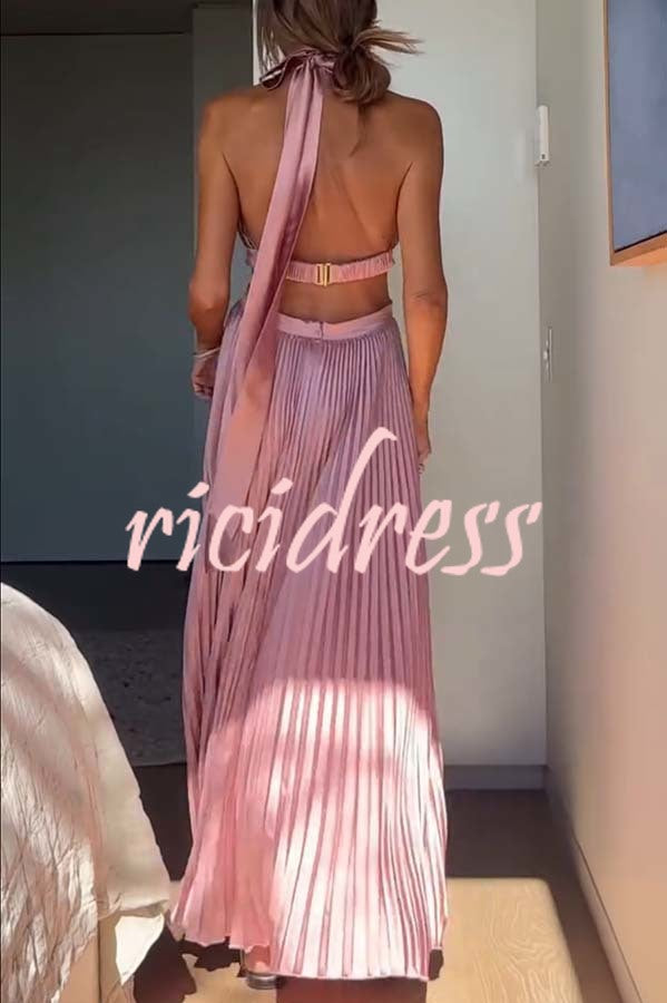 Stunning Choice Satin Pleated Halter High Neck Cutout Waist Backless Maxi Dress