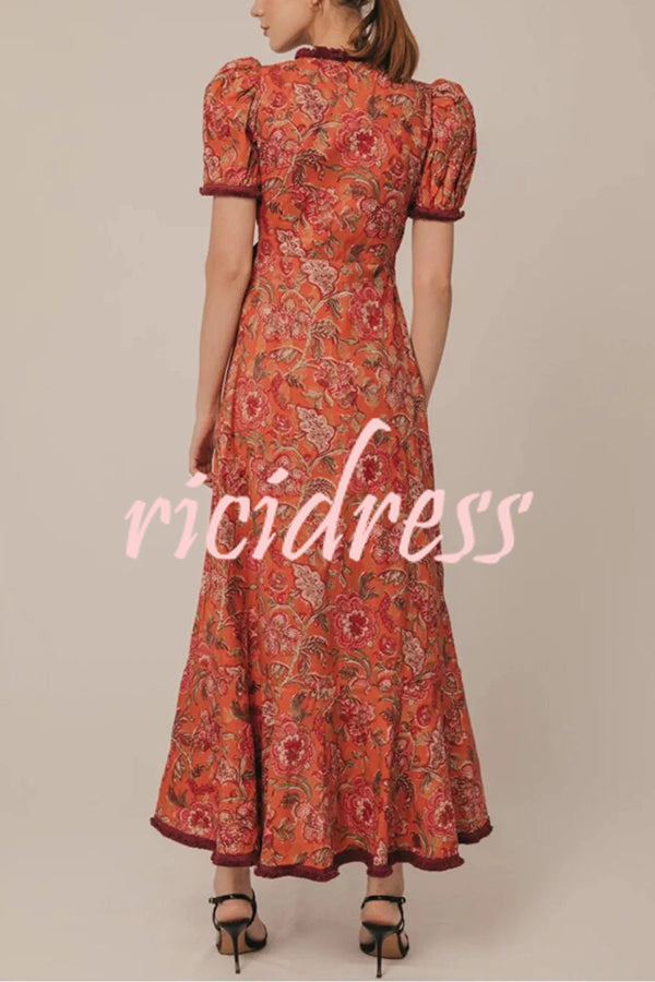 Bohemian Floral Print Elegant Puff Sleeve Holiday Maxi Dress