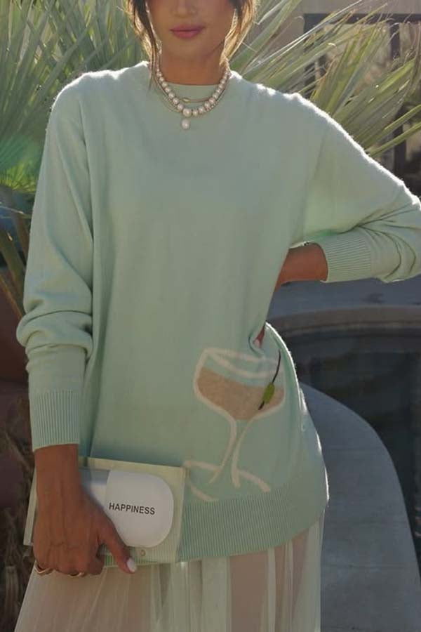 Tini Time Knit Unique Pattern Crew Neck Long Sleeve Casual Sweater