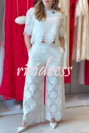 Eliose Scallop Cutout Embroidery Lace Elastic Waist Pocket Loose Pants