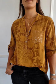 Botanical Floral Print Casual Fashion Sequin Pocket Shirt Top