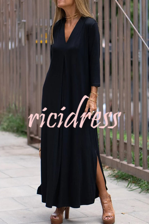 Solid Color V-neck Casual Slit Maxi Dress