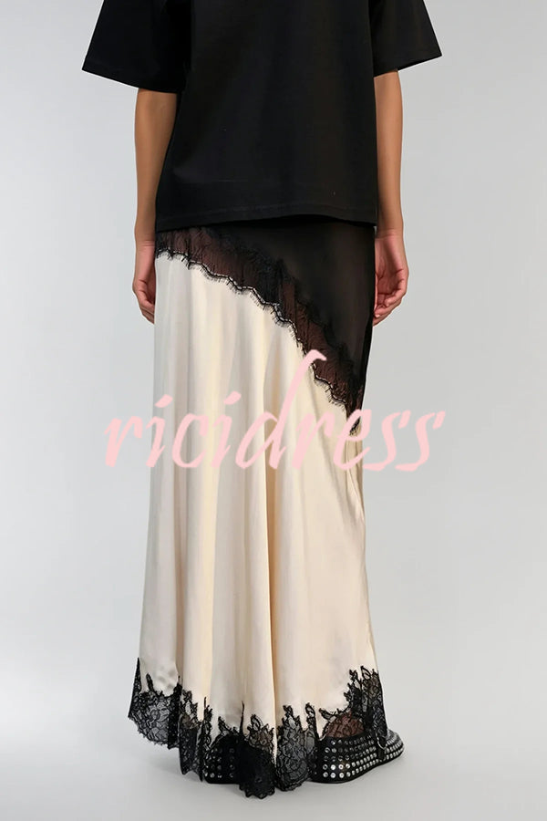 Party Focus Contrast Color Satin Lace Trim Elastic Waist Front Slit Maxi Skirt