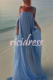 Fairy Spirit Tulle Braided Neckline Tie Arm Straps Pleated Maxi Dress