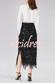 Evening Charm Layered Sequined Tassels High Rise Back Zipper Slit Midi Skirt