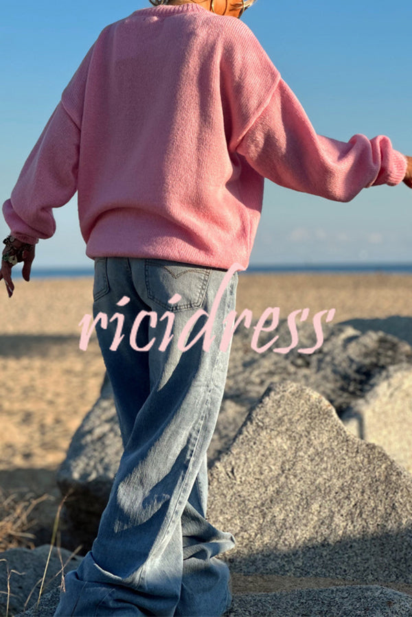 Letter Pattern Crew Neck Long Sleeve Loose Knit Sweater