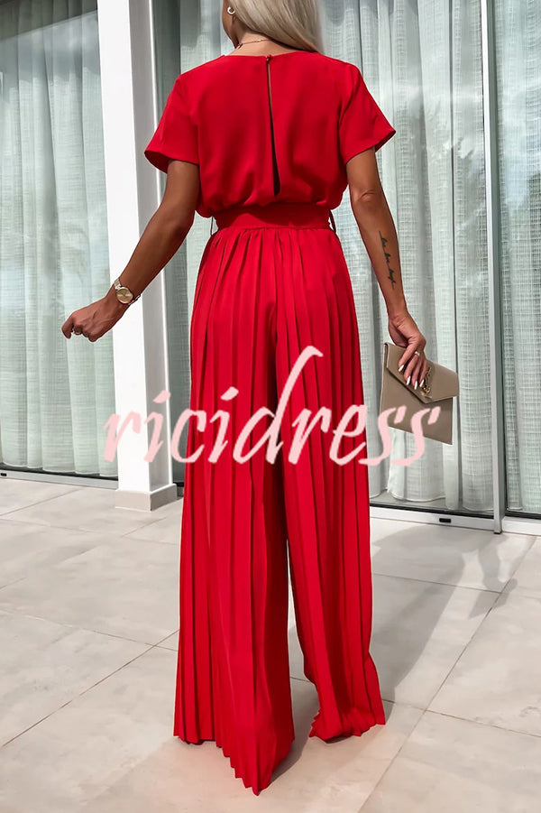 Ivy Cowl Neck Short Sleeve Belt Pleated Loose Wide Leg Jumpsuit
