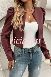 Yelissa Faux Leather Statement Long Sleeve Open Front Crop Jacket