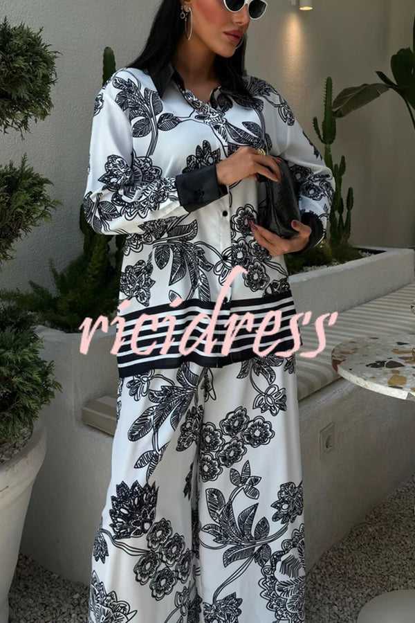 Sofia Contrast Color Flowers Print Long Sleeve Shirt and Elastic Waist Pocketed Pants Set