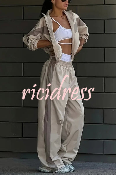 Fashionable Contrasting Long-sleeved Loose Coat and Elastic Waist Wide-leg Pants Set