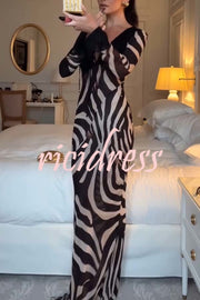 City Night Chiffon Colorblock Animal Print Tie-up Long Sleeve Maxi Dress
