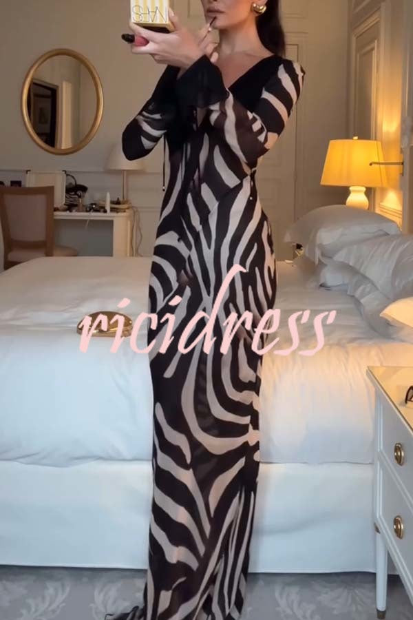 City Night Chiffon Colorblock Animal Print Tie-up Long Sleeve Maxi Dress