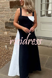 Simple and Stylish Contrast Color Sling Back Smocked Maxi Dress