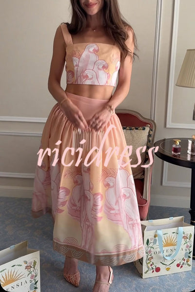 Raylin Linen Blend Unique Print Square Neck Tank and High Rise A-line Skirt Set