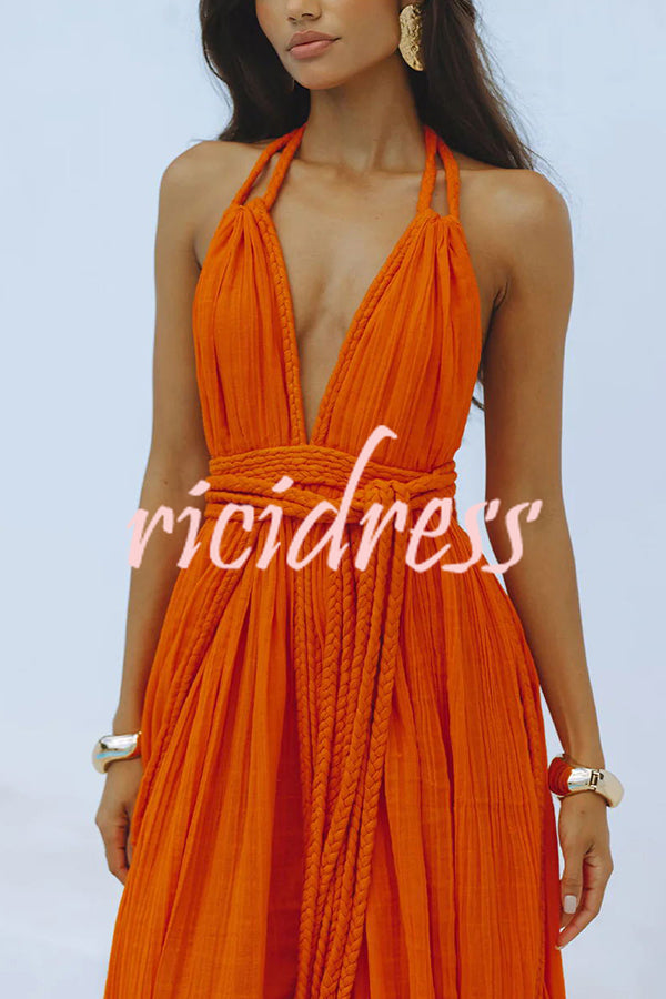 Summer Whispers Linen Blend Draped Braids Deep V-neck Halter Backless Cover Up Maxi Dress