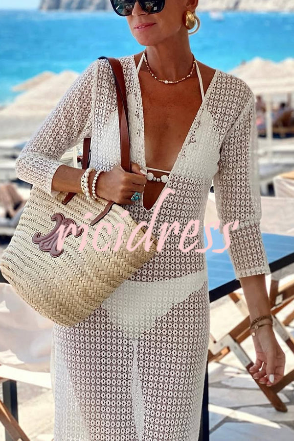 Beach Life Crochet Lace U-neck Half Sleeve Vacation Maxi Dress