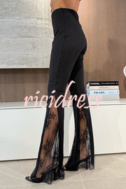 Dazzling Night High Waist Side Lace Hem Stretch Flare Pants