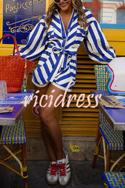 Striped Print Long-sleeved Waist Tie Pocket Casual Rompers