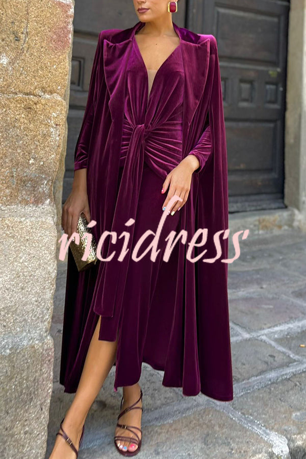 Olivienne Luxurious Velvet Padded Shoulders Slit Sleeve Lapel Midi Cape